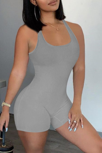 Grey Casual Sportswear Solid Backless U Neck Skinny Romper