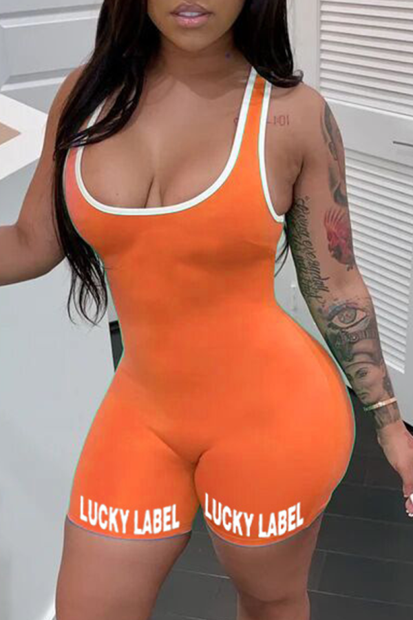 Oranje sexy skinny rompertjes met vierkante kraag en print