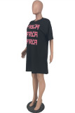 Black Fashion Casual Letter Print Basic O Neck T-shirt Dress