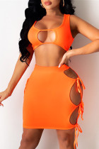Oranje mode Sexy effen uitgeholde riem ontwerp U-hals mouwloos twee stukken
