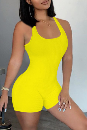Yellow Casual Sportswear Solid Backless U Neck Skinny Romper