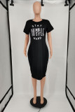 Черное модное повседневное платье больших размеров с буквенным принтом, базовое платье с v-образным вырезом и короткими рукавами