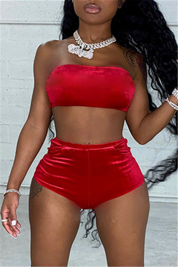 Red Sexy Living Solid Backless Strapless Sleeveless Two Pieces