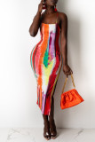 Färg Mode Sexigt tryck Backless Slit Spaghetti Strap Ärmlös klänning