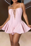 Pink Sexy Solid Hollowed Out Backless Spaghetti Strap Sleeveless Dress