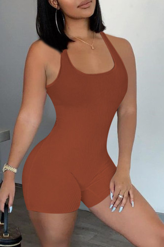 Coffee Casual Sportswear Solid Backless U Neck Skinny Romper