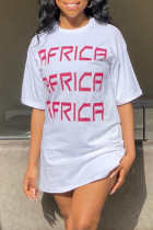 Vestido de camiseta con cuello en O básico con estampado de letras informales de moda blanco