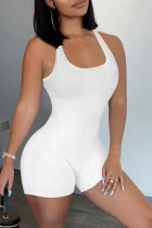 Белый Повседневная спортивная одежда Однотонный облегающий комбинезон с открытой спиной и U-образным вырезом