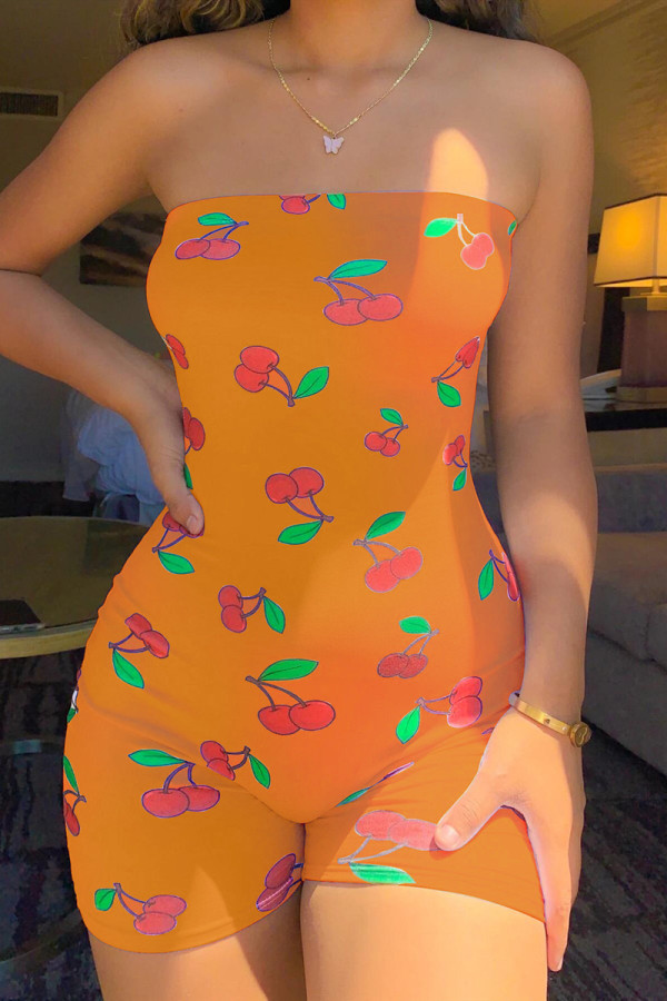 Macacão skinny sem costas com estampa sexy moda laranja