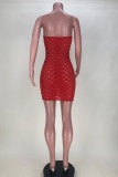 Red Fashion Sexy Solid Hollowed Out See-through Strapless Sleeveless Dress