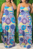 Light Blue Sexy Casual Plus Size Print Backless Spaghetti Strap Sleeveless Dress