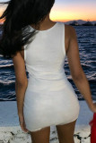 Белое сексуальное повседневное однотонное базовое платье-жилет с круглым вырезом