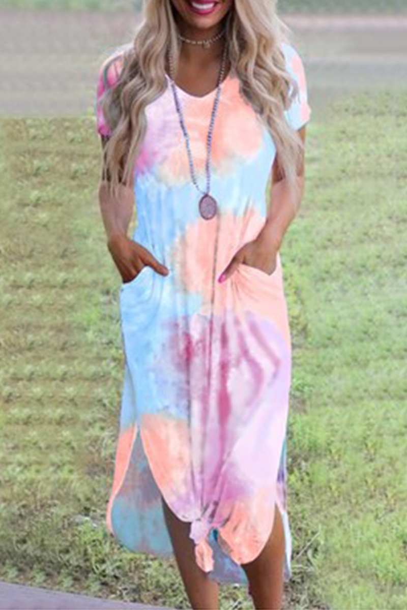 

Pink Casual Patchwork Tie-dye V Neck Straight Dresses