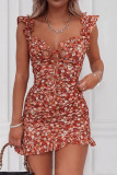 カーキファッションセレブリティプリントフレヌラムスパゲッティストラップラップスカートドレス