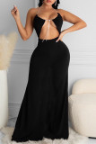 Zwarte mode sexy effen uitgeholde backless halter mouwloze jurk