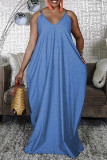 Blue Sexy Casual Solid Basic V Neck Loose Sling Dresses
