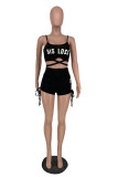 Black Sexy Casual Letter Print Backless Spaghetti Strap Sleeveless Two Pieces