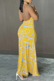 Yellow Fashion Sexy Print Backless Slit Halter Sleeveless Dress