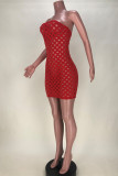 Rode mode sexy effen uitgeholde doorschijnende strapless mouwloze jurk
