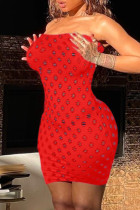 Red Fashion Sexy Solid Hollowed Out See-through Strapless Sleeveless Dress