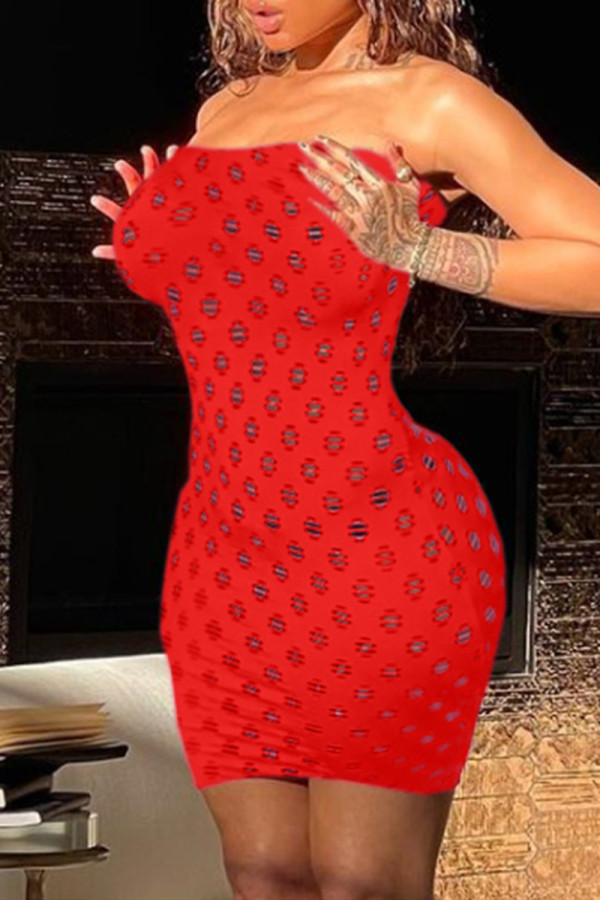 Rode mode sexy effen uitgeholde doorschijnende strapless mouwloze jurk
