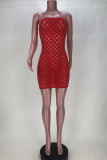 Röd Mode Sexig Solid urholkad Genomskinlig axelbandslös ärmlös klänning