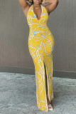 Желтое модное сексуальное платье без рукавов с открытой спиной и разрезом на шее