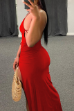 Vestidos vermelhos sexy sólidos com retalhos de abertura alta e alças finas vestidos irregulares