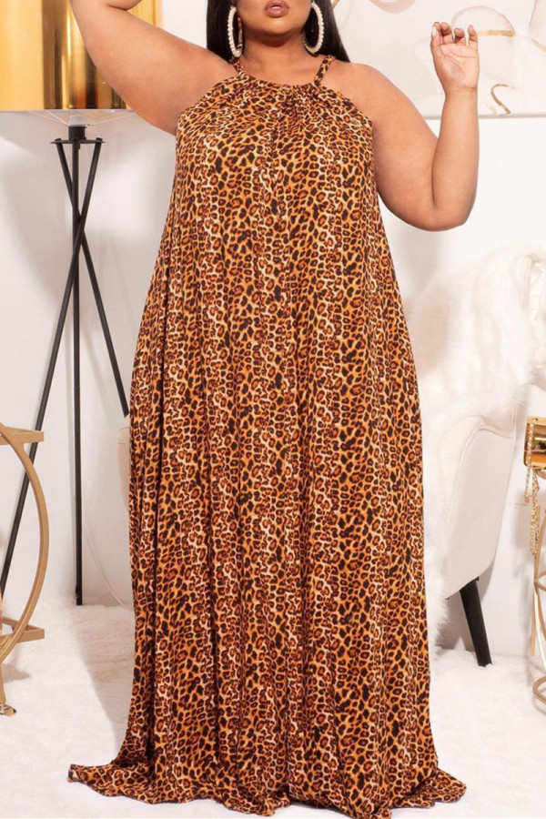 Мода с леопардовым принтом Платье больших размеров с леопардовым принтом и открытой спиной Холтер без рукавов (без пояса)