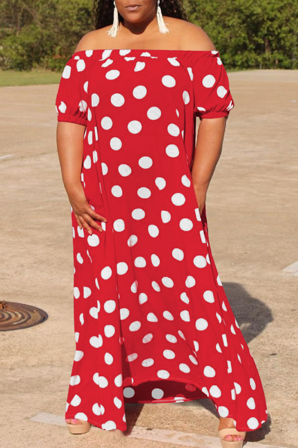 Red Sexy Dot Patchwork Off the Shoulder Cake Skirt Dresses