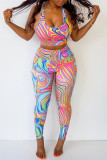 Gilet con stampa casual sexy multicolore Pantaloni con scollo a U senza maniche in due pezzi