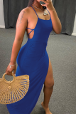Vestido irregular con tirantes finos y abertura alta, color azul, sexy, de retazos lisos