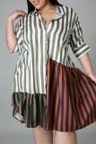 ブラウン ファッション プラス サイズ ストライプ プリント パッチワーク ターンダウン カラー シャツ ドレス (ベルトなし)