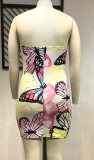 Pink Sexy Print Patchwork Strapless Pencil Skirt Plus Size Two Pieces