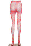 Red Sexy Print Patchwork Skinny Mid Waist Pencil Positioning Print Bottoms