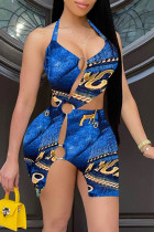 Синее модное сексуальное платье без рукавов с открытой спиной и принтом