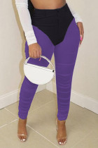 Pantaloni a vita alta skinny trasparenti con patchwork casual viola