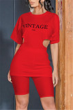 Red Fashion Letter Hollowed Out O Neck Short Sleeve Two Pieces