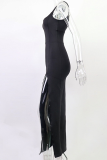 Vestidos de falda de tubo con cuello en U de abertura alta sólida sexy negra