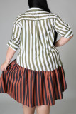 Коричневое модное платье-рубашка больших размеров в полоску с принтом в стиле пэчворк и отложным воротником (без пояса)