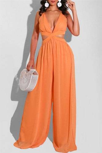 Oranje sexy casual effen rugloze v-hals reguliere jumpsuits