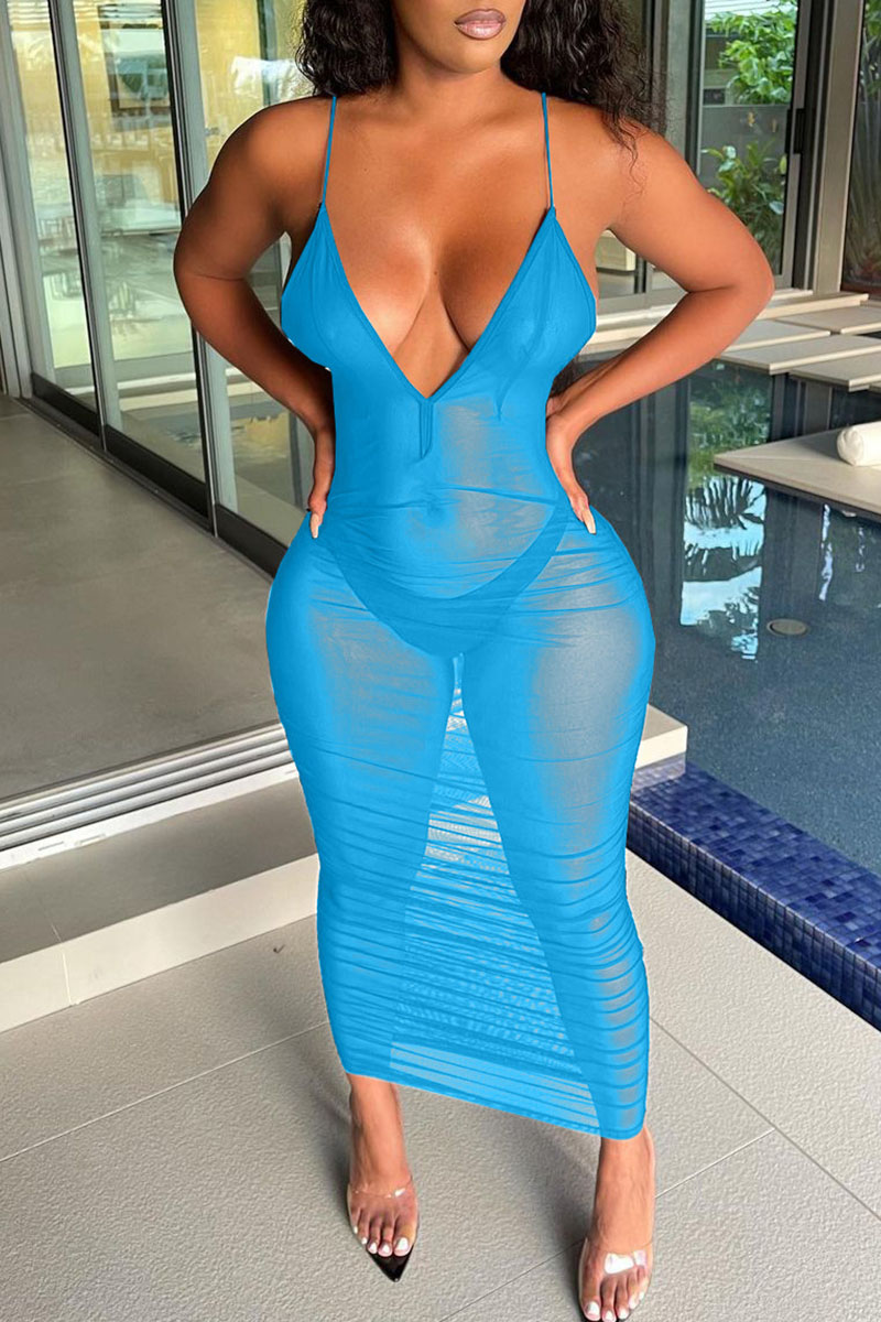 

Sky Blue Sexy Solid See-through Backless Spaghetti Strap Sleeveless Dress