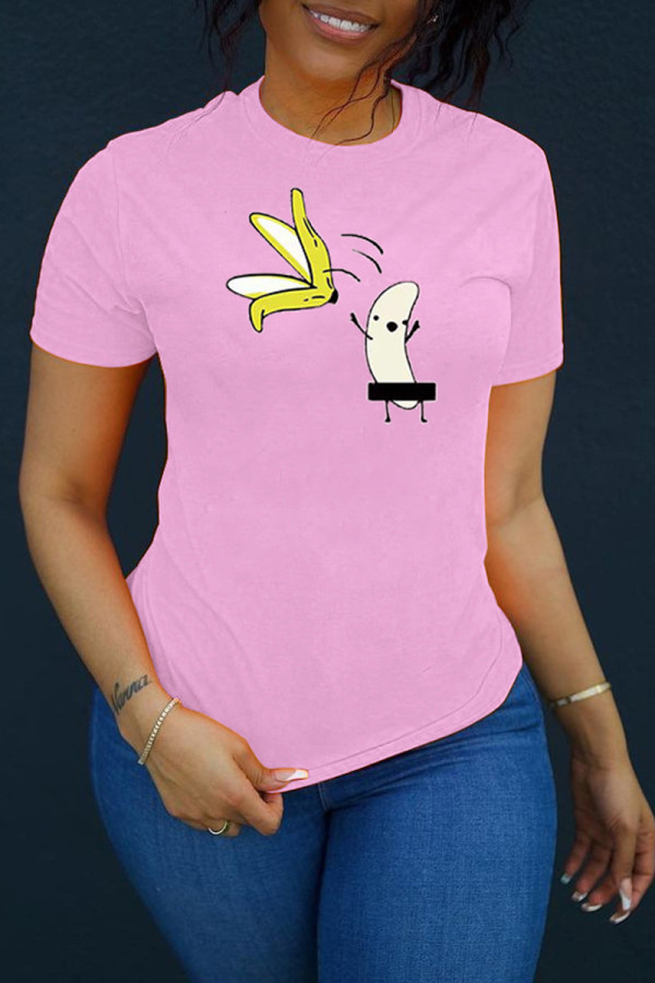T-shirt basic o collo con stampa casual alla moda rosa