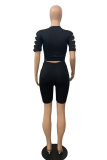 Black Casual Solid Ripped O Neck Short Sleeve Two Pieces