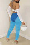 Pantaloni a vita alta skinny trasparenti con patchwork casual blu