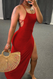 Vestido irregular rojo sexy de parches lisos con abertura alta y tirantes finos