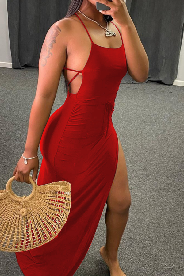 Красные сексуальные однотонные лоскутные платья с высоким открытием на тонких бретельках и нерегулярные платья
