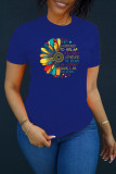Blå Mode Casual Print Basic O-hals T-shirts