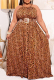 Leopardtryck Fashion Plus Size Print Leopard Backless Halter Ärmlös klänning (utan bälte)