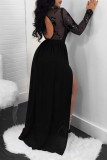 Черные модные лоскутные платья с блестками и открытой спиной с разрезом и круглым вырезом с длинным рукавом